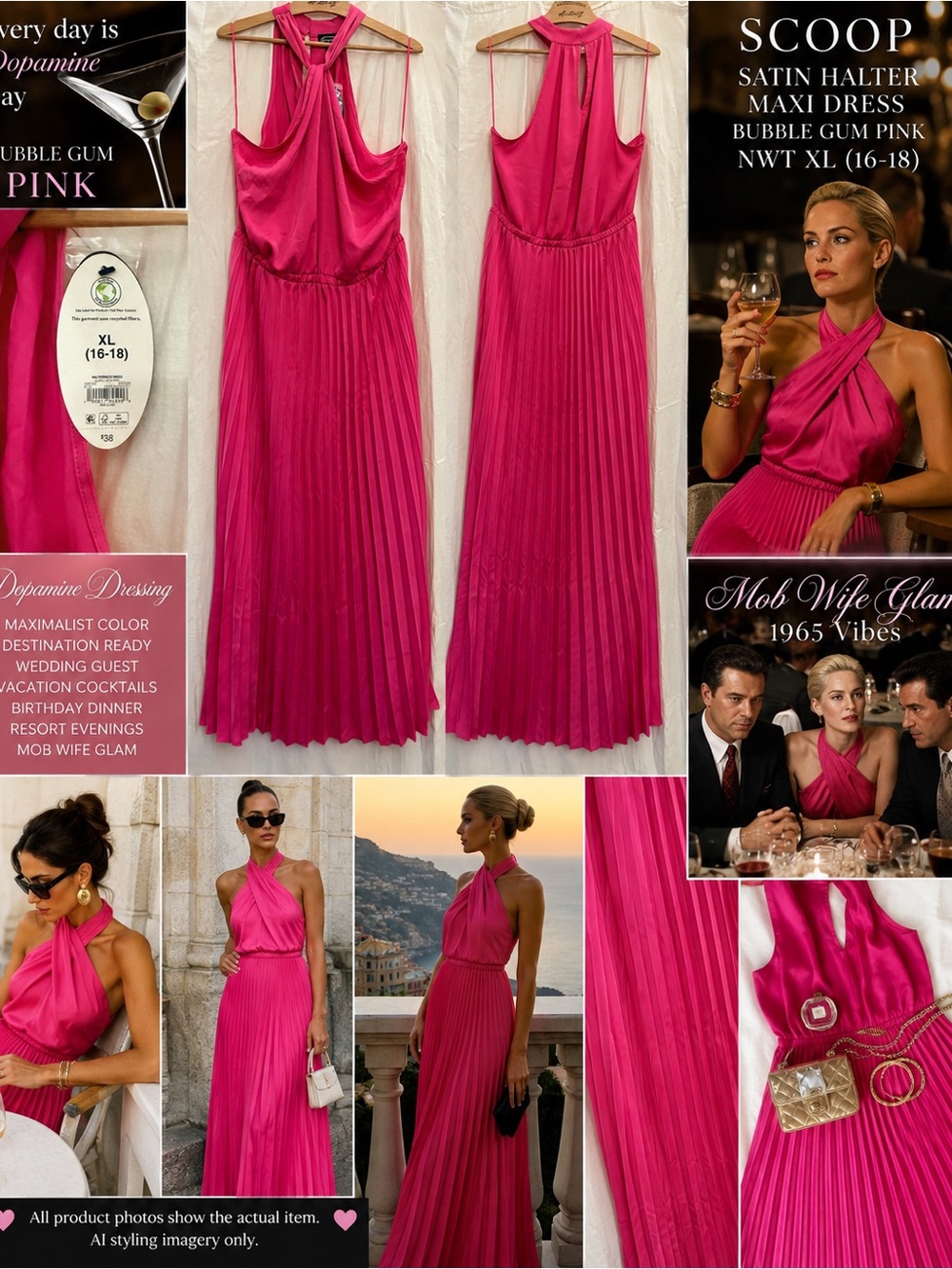 NWT Scoop XL Pink Satin Halter Maxi Dress Pleated Wedding, Retro Mob Wife Style
